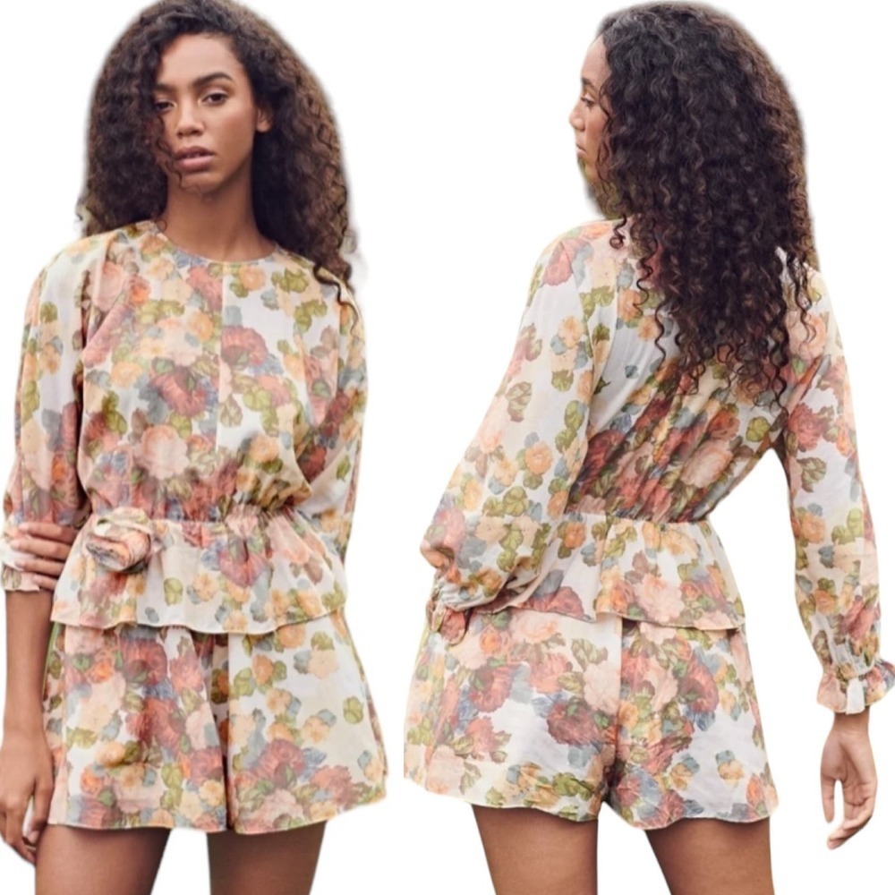 Something Navy Rose Romper Multicolor Floral Long Sleeve Lined Ruffle Zip 00